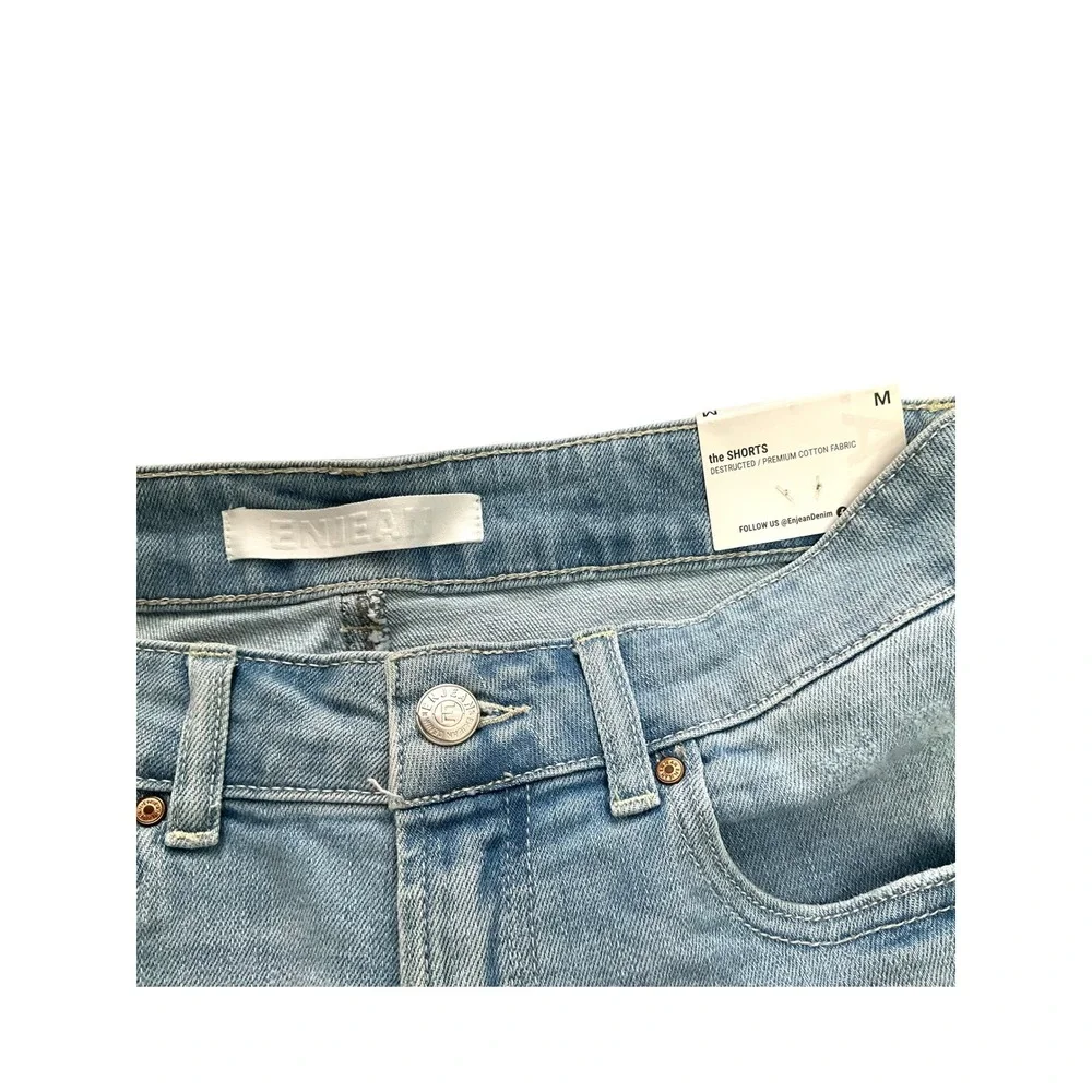 Enjean Womens High‎ Rise Distressed Denim Shorts Light Wash Frayed Hem Size M